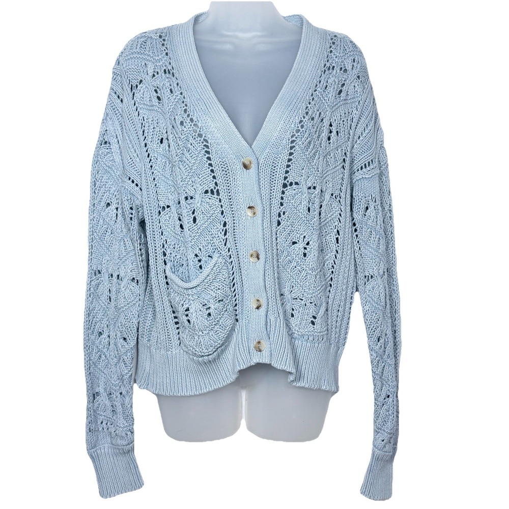 Sundance Aveline Chunky Cardigan Pointelle‎ Cotton Blue Womens Medium